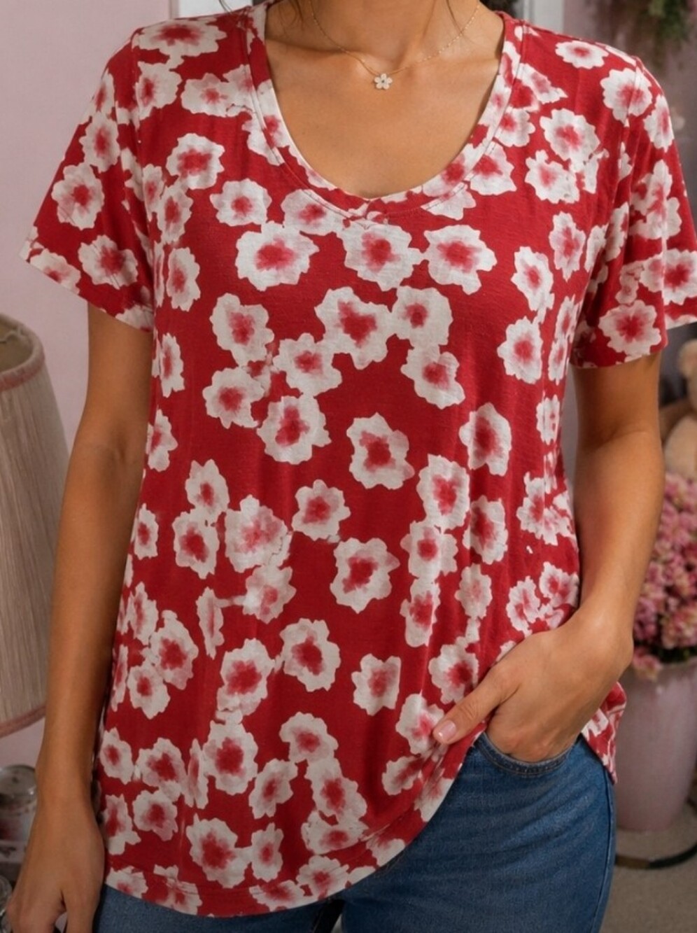 5/$25 Philosophy Red Short Sleeve Tee with White Floral Print